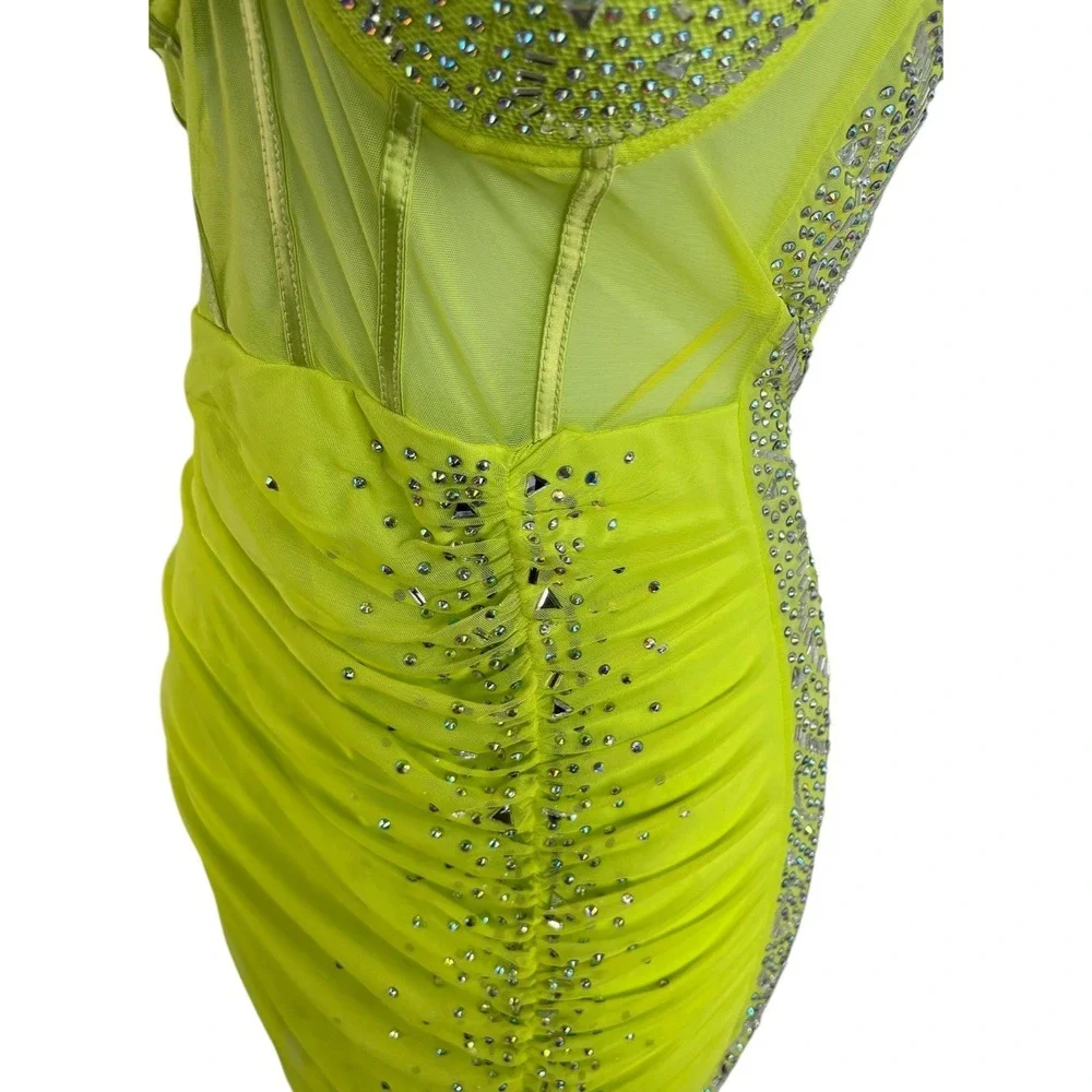 Banjul Neon Lime Green Corset Mini Dress Sz XS/S One Shoulder Rhinestone Beaded - Picture 4 of 11